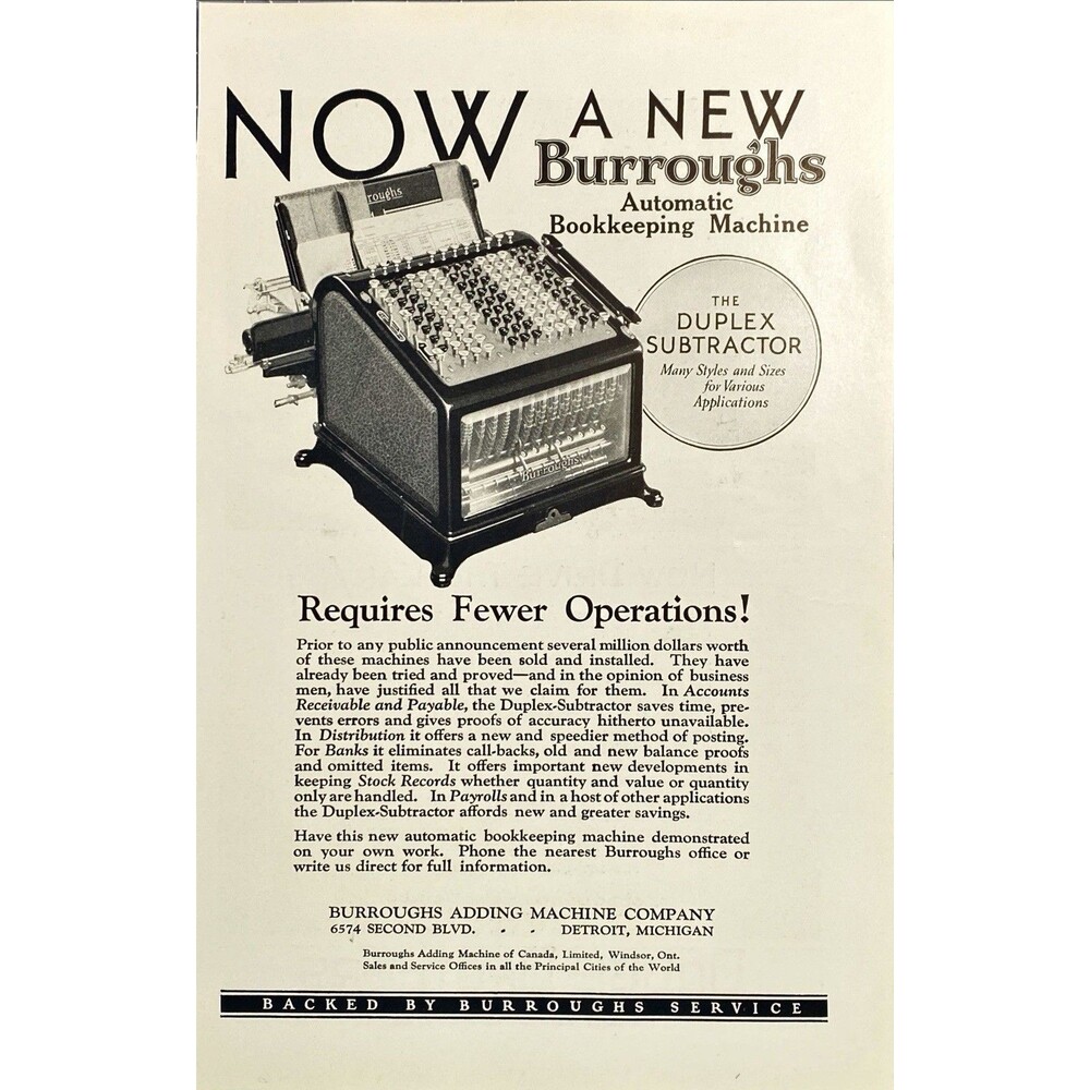 Burroughs Adding Machine "New Automatic Bookkeeping Machine" Vtg Print Ad 1926